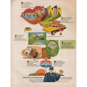 1969 Standard Oil Vintage Print Ad American Scene Camaro Cash Card Game Contest